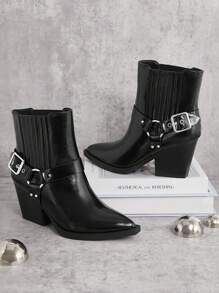 SHUZIA 女式黑色牛仔短靴，配有弹性松紧带、绑带和带扣 - 尖头，时尚、舒适、百搭，新年假期 - 黑色 - 查看 2