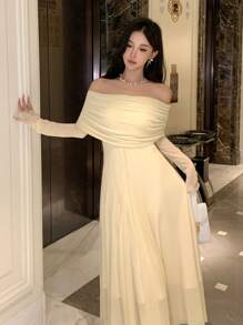 DAZY Women's Plain Off Shoulder Dress For Back-To-School Event, Birthday ,New Year Eve Prom Dress