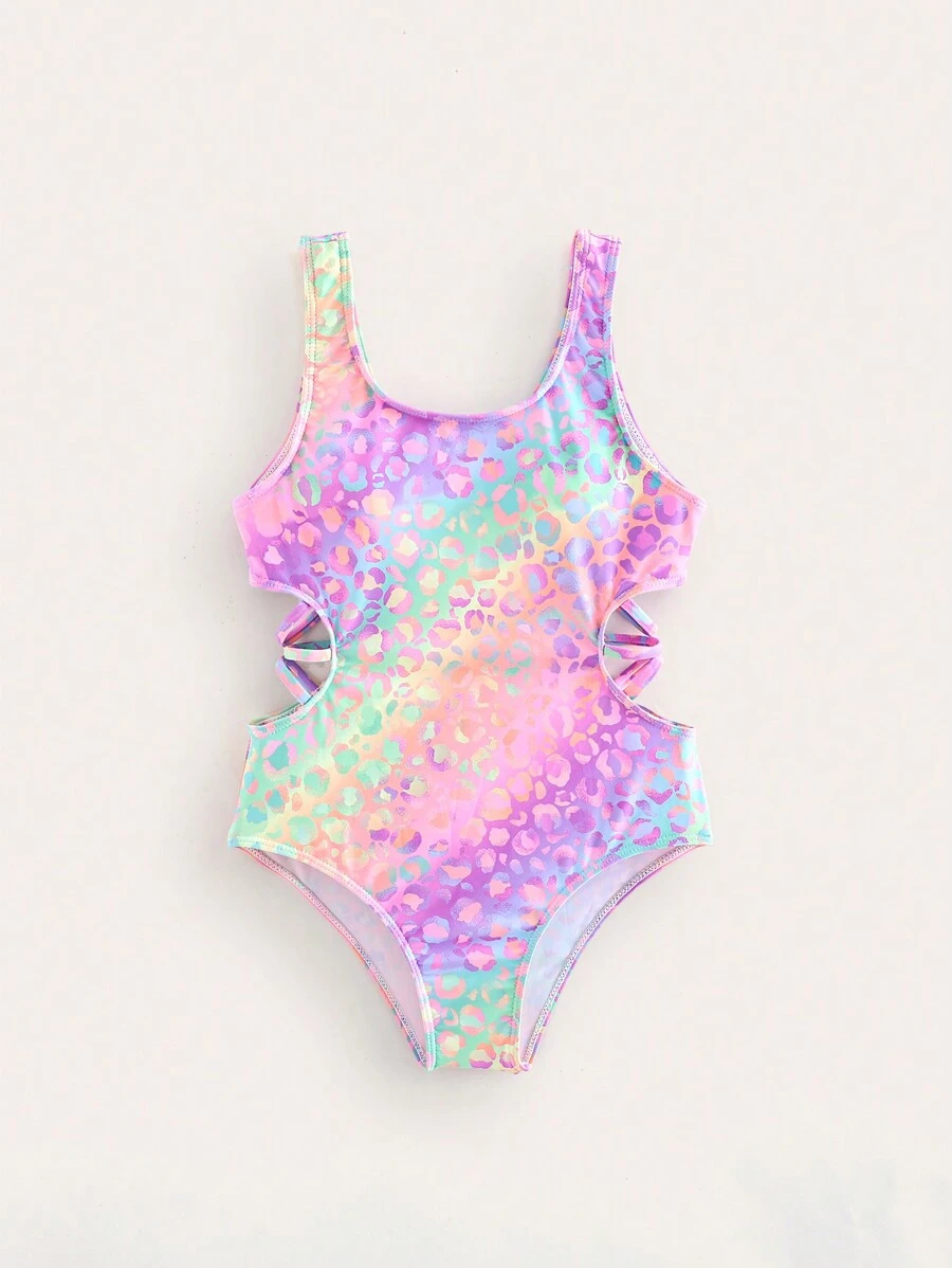 SHEIN 十幾歲女孩豹紋漸層中空單件泳衣 - 紫色 - 查看 1