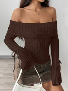 Flirla Lässiger einfarbiger Pullover mit Knotendetail und Carmen-Ausschnitt, vielseitig für Herbst/Winter Strickpullover - Kaffeebraun - Übersicht 4