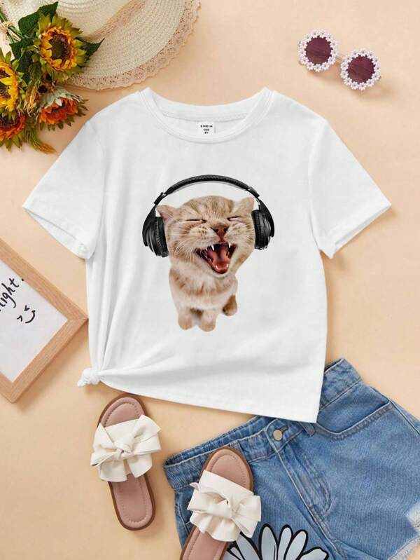 GraphicGems Tween Girl Fashionable Cute Cat Printed Short Sleeve Crew Neck T-Shirt