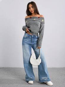 SHEIN Unity Women's Autumn/Winter New Grey Off-Shoulder Embroidered Casual Cute Cropped Knit Sweater Knit Pullover Fall - Grey - View 6