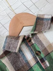 SHEIN 年轻女孩纯色拼布翻领长袖口袋休闲连衣裙 - 綠色 - 查看 4