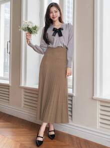 DAZY Women Plain Pleated Knit Skirt, Casual Daily Wear,Fall Clothes - Camel - View 3