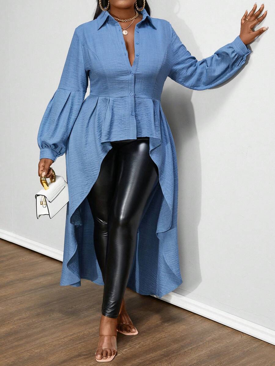 Maweii 大码编织休闲牛仔效果褶皱衬衫 - 藍色 - 查看 1