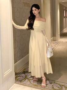 DAZY Women's Plain Off Shoulder Dress For Back-To-School Event, Birthday ,New Year Eve Prom Dress