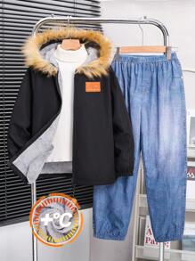 2 件青少年男孩休闲日常蓬松衬里连帽加厚夹克外套牛仔效果宽松慢跑裤套装，冬季服装 - 彩色 - 查看 1