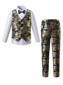 2pcs Tween Boy Gold Foil Print Gentleman Vest Set, Suitable For Host, Piano Recital, Holiday Party Formal Outfits - Gold - View 1