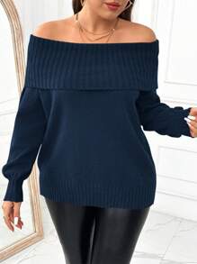 SHEIN Clasi 大码纯色露肩长袖简约套头毛衣，适合日常休闲穿着