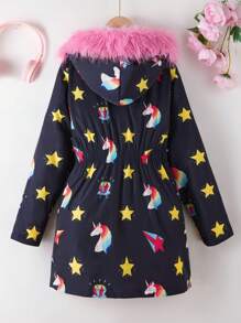Jaqueta com capuz e estampa de strass unicórnio arco-íris preto fofo para meninas pré-adolescentes, outono/inverno para uso diário, roupas para irmãos combinando (2 peças vendidas separadamente)