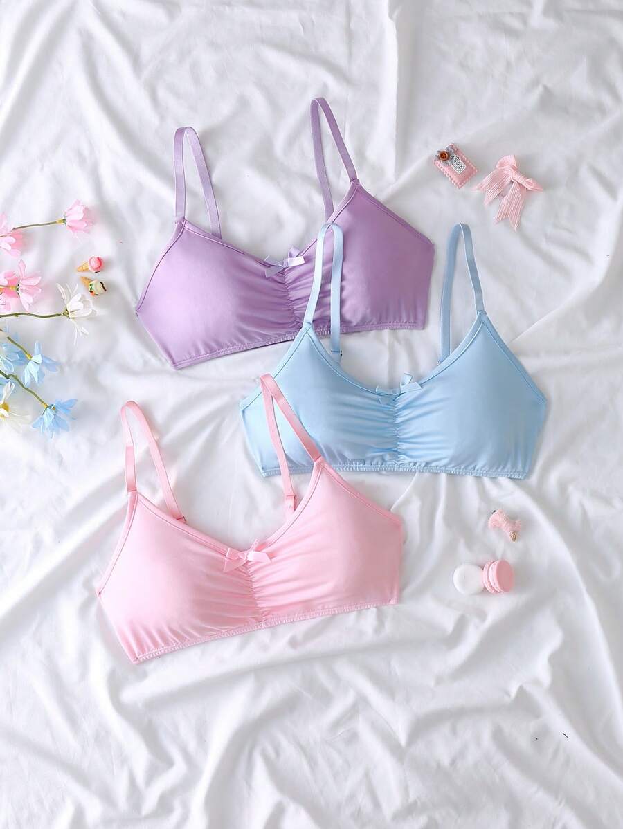 3pcs Set Cute & Sweet Ruched Bow Decor Underwear Set For Teenagers