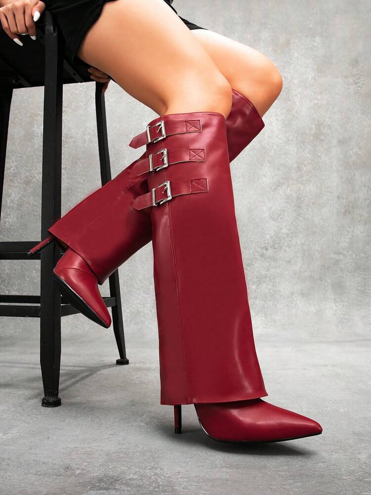 CUCCOO SZL Women's Fashion Red Wide Leg Chunky Heeled Pointed Toe Over The Knee Boots, For Commuting, Date, Party, Christmas, New Year Outfit, Sexy Club Night Out