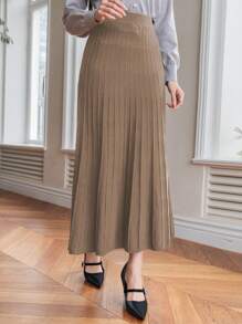 DAZY Women Plain Pleated Knit Skirt, Casual Daily Wear,Fall Clothes - Camel - View 4