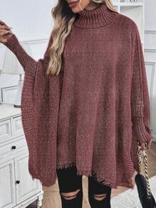 SHEIN LUNE Turtleneck Batwing Sleeve Asymmetrical Hem Knit Poncho Sweater Knit Pullover Fall Winter - Burgundy - View 6