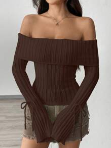 Flirla Lässiger einfarbiger Pullover mit Knotendetail und Carmen-Ausschnitt, vielseitig für Herbst/Winter Strickpullover - Kaffeebraun - Übersicht 3