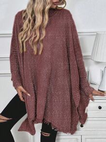 SHEIN LUNE Turtleneck Batwing Sleeve Asymmetrical Hem Knit Poncho Sweater Knit Pullover Fall Winter - Burgundy - View 5