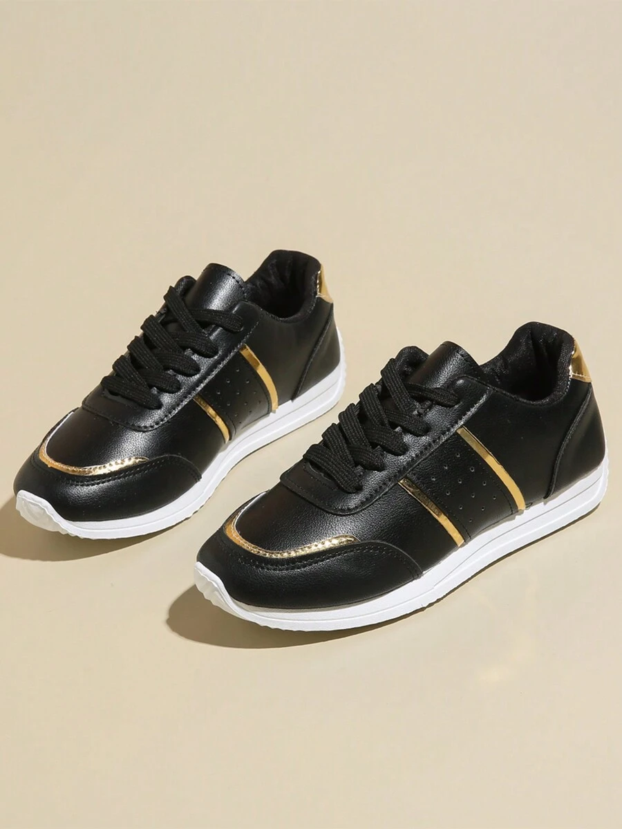 1 Pair Black Casual Sneakers For Teens, Fashion Lightweight Lace-Up Solid Color Soft Sole Non-Slip Sporty Shoes - Black - View 1