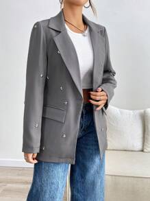 SHEIN LUNE Women's Autumn Lapel Collar Long Sleeve Heart Decoration Suit Jacket - Grey - View 1