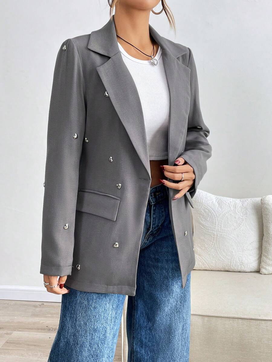 SHEIN LUNE Women's Autumn Lapel Collar Long Sleeve Heart Decoration Suit Jacket - Grey - View 1