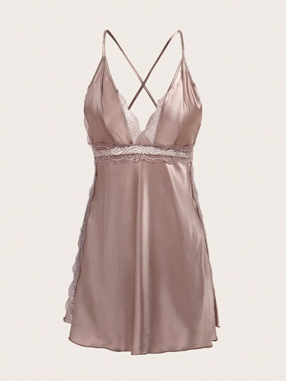 Contrast Kanten Split Thigh Satijnen Verleidelijke Pajama Night Dress Luxeloungewear view 7