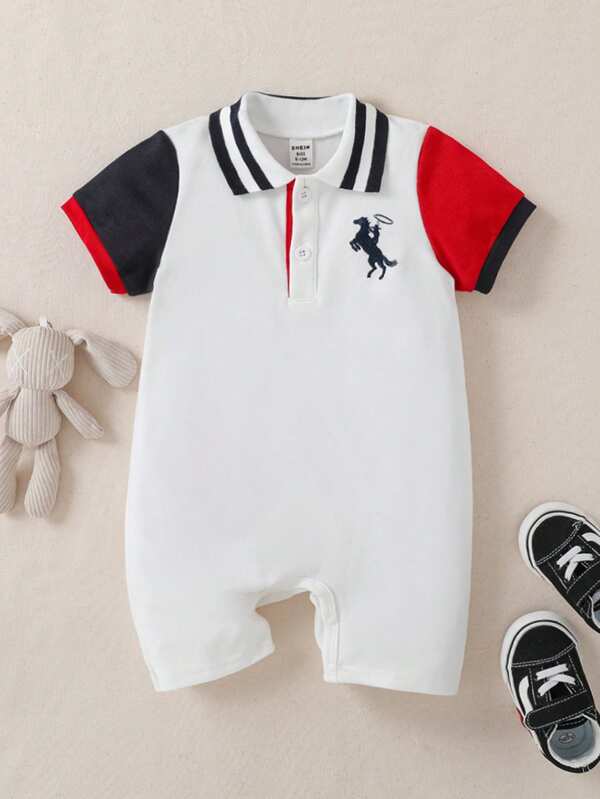 Souflis Souflis Baby Jungen Beiläufiger College-stil Eleganter Strampler Mit Umlegekragen, Pferdestickerei, Shorts Stil, Für Frühling Und Sommer Outdoor-aktivitäten Geeignet