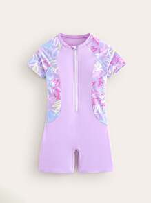 Teen Girl Color-Block Zipper High Neck Short Sleeve One-Piece Swimsuit - Dusty Purple - View 1