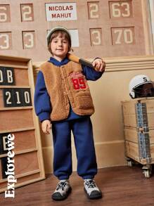 SHEIN 3pcs/Set Young Boys Outfit With Hooded Sweatshirt,Sweatpants & Fleece Vest,Embroidered Letter,Comfortable Autumn Back-To-School Winter Clothes,School - Multicolor - View 5