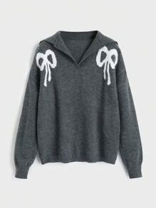 SHEIN Unity Suéter holgado de mujer con cuello vuelto, lazo y tejido, estilo dulce, casual y versátil, suéter de punto de otoño/invierno - Gris - Ver 1