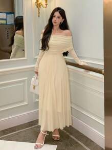 DAZY Women's Plain Off Shoulder Dress For Back-To-School Event, Birthday ,New Year Eve Prom Dress