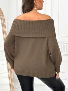 SHEIN Clasi Plus Size Solid Color Off-Shoulder Sweater, Casual For Autumn/Winter Knit Pullover Fall - Camel - View 2