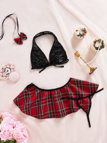 Tartan Contrast Lace Costume Lingerie With 1pair Gloves - Multicolor - View 7