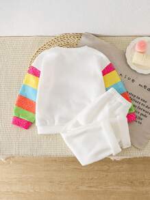 2pcs/Set Young Girl Rainbow Pattern Round Neck Long Sleeve Sweatshirt And Thermal Lined Pants, Casual Set For Autumn
