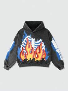 ROMWE MEN Street Life Sudadera con capucha vintage lavada y recortada para hombre, estilo callejero