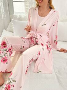 SHEIN Bộ áo hai dây dệt kim in hoa thoải mái, quần dài và áo choàng có thắt lưng, trang phục thu đông - Hồng - Xem 1