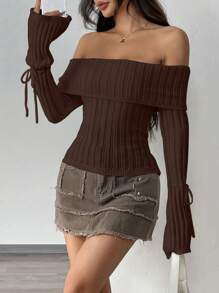 Flirla Lässiger einfarbiger Pullover mit Knotendetail und Carmen-Ausschnitt, vielseitig für Herbst/Winter Strickpullover - Kaffeebraun - Übersicht 6