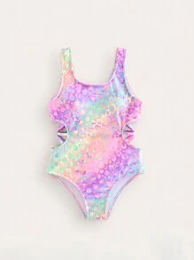 SHEIN 十幾歲女孩豹紋漸層中空單件泳衣 - 紫色 - 查看 3