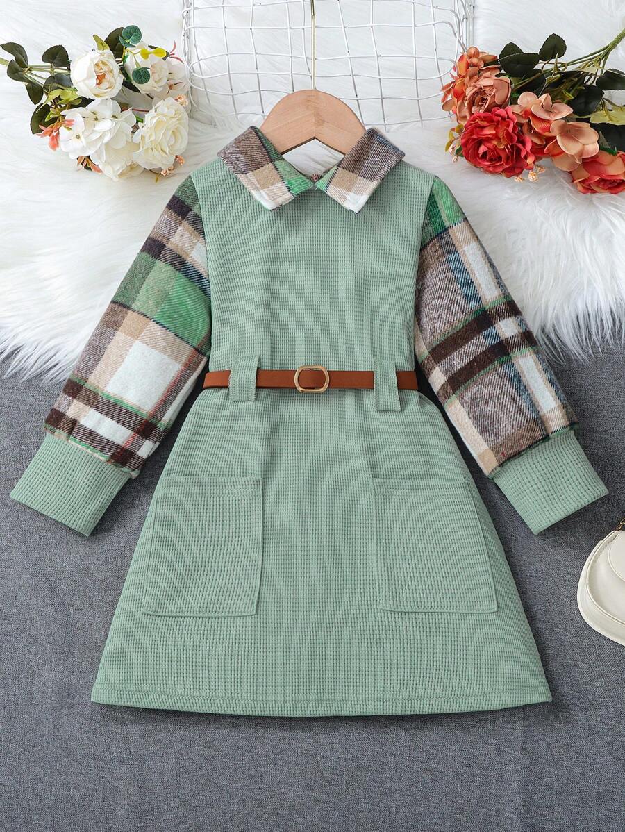 SHEIN 年轻女孩纯色拼布翻领长袖口袋休闲连衣裙 - 綠色 - 查看 1