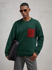 AKNOTIC Business Casual Áo len dệt kim cổ tròn thả vai dáng rộng cho nam, thiết kế khối màu, phù hợp cho mùa thu/đông, màu đỏ tía - Màu xanh lá cây đậm - Xem 4