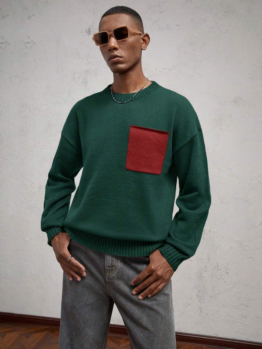 AKNOTIC Business Casual Áo len dệt kim cổ tròn thả vai dáng rộng cho nam, thiết kế khối màu, phù hợp cho mùa thu/đông, màu đỏ tía - Màu xanh lá cây đậm - Xem 1