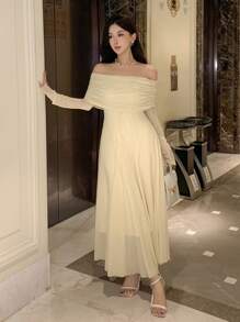 DAZY Women's Plain Off Shoulder Dress For Back-To-School Event, Birthday ,New Year Eve Prom Dress