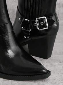 SHUZIA 女式黑色牛仔短靴，配有弹性松紧带、绑带和带扣 - 尖头，时尚、舒适、百搭，新年假期 - 黑色 - 查看 7