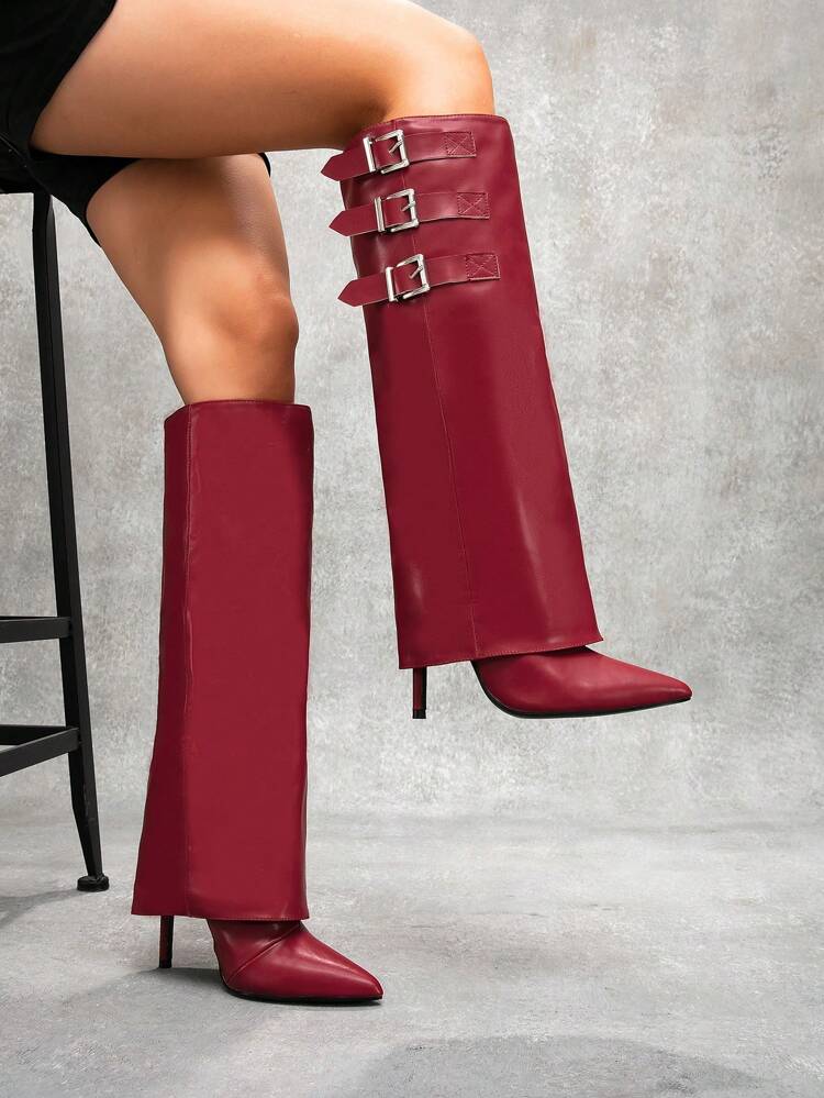 CUCCOO SZL Women's Fashion Red Wide Leg Chunky Heeled Pointed Toe Over The Knee Boots, For Commuting, Date, Party, Christmas, New Year Outfit, Sexy Club Night Out