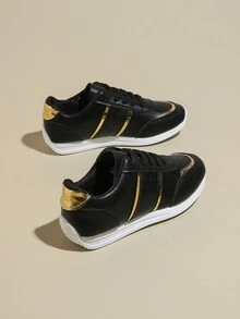 1 Pair Black Casual Sneakers For Teens, Fashion Lightweight Lace-Up Solid Color Soft Sole Non-Slip Sporty Shoes - Black - View 2