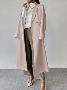 SHEIN Clasi Abrigo elegante de mujer con cintura ceñida, solapa de chal, de manga larga y doble botonadura, para otoño/invierno