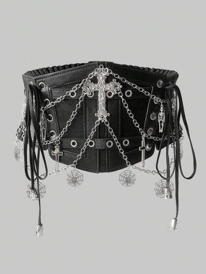 1pc Women Gothic Black Lace Cross Chain Skeleton Decor Elastic Waist Belt Dress Accessory, Halloween Costume