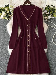 SHEIN Clasi Rochie pulover elegantă cu mânecă lungă, cu nasturi, mozaic, cu dimensiuni mari, toamnă/iarnă - Burgundia - Vizualizare 1