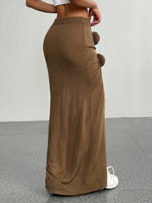 Flirla Falda larga de punto con decoración floral 3D estilosa