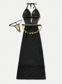 Đồ lót gợi cảm cho nữ, váy lưới buộc dây, quần lọt khe & trang trí eo - màu đen - Xem 6