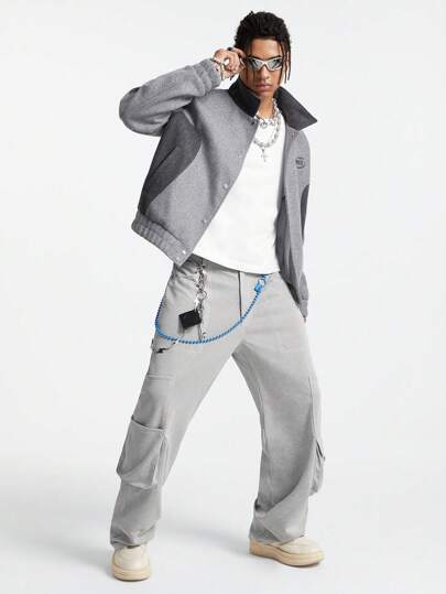 Manfinity VCAY Men's Solid Color Multi-Pocket Straight Leg Loose Casual Knit Pants, Going Out Plain Light Grey Slacks Pants, For Husband, Boyfriend Gifts