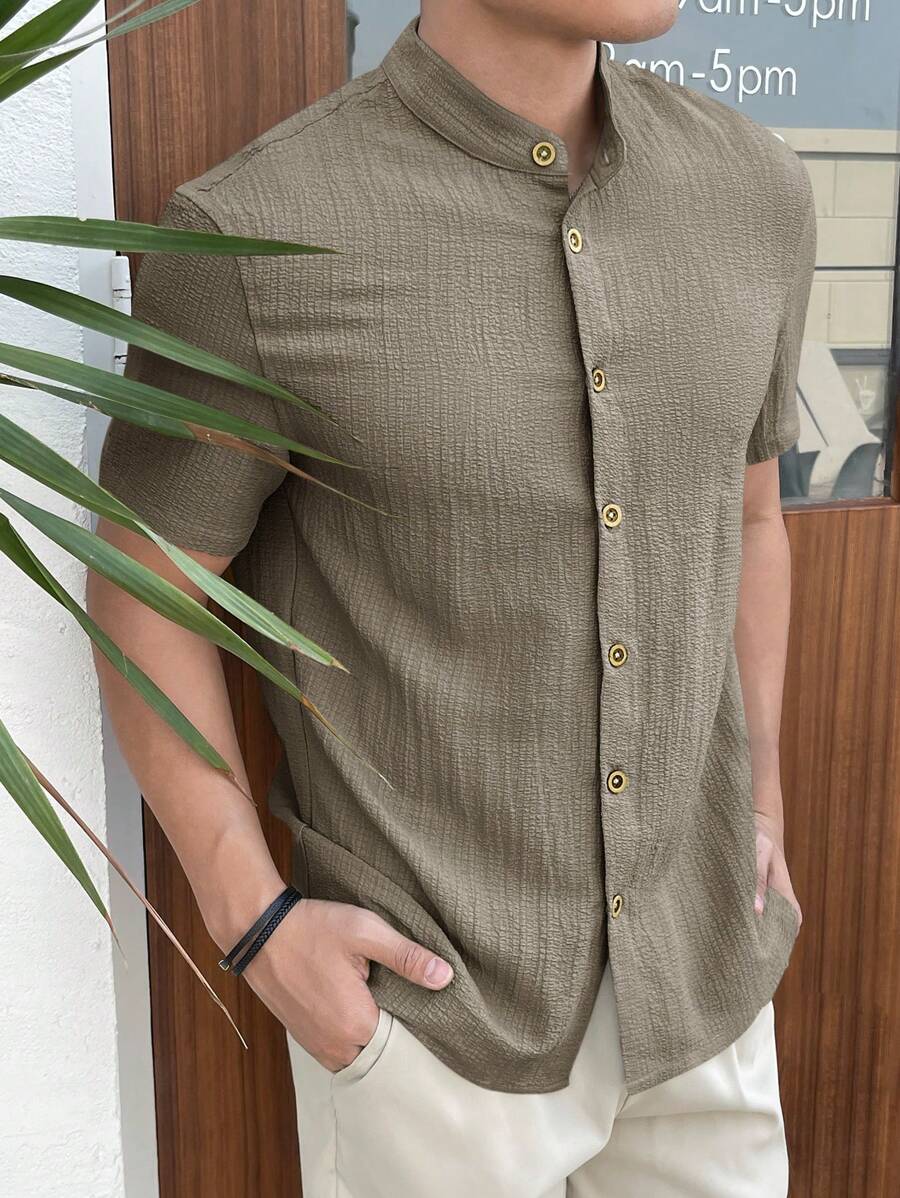 Manfinity BRENVOR Men's Solid Color Front Button Down Short Sleeve Casual Shirt - Brown - View 1